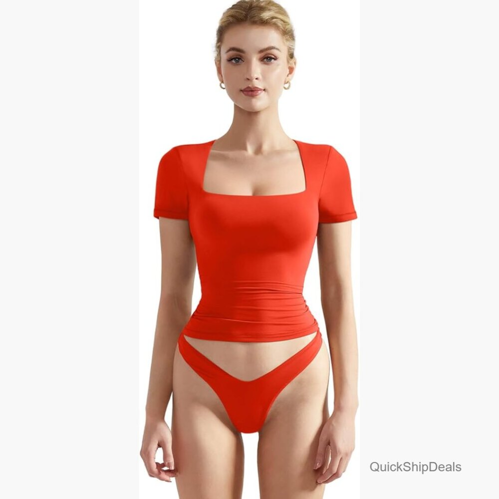 Double Lined Fitted Basic Tee Square Neck Short S… - image 1